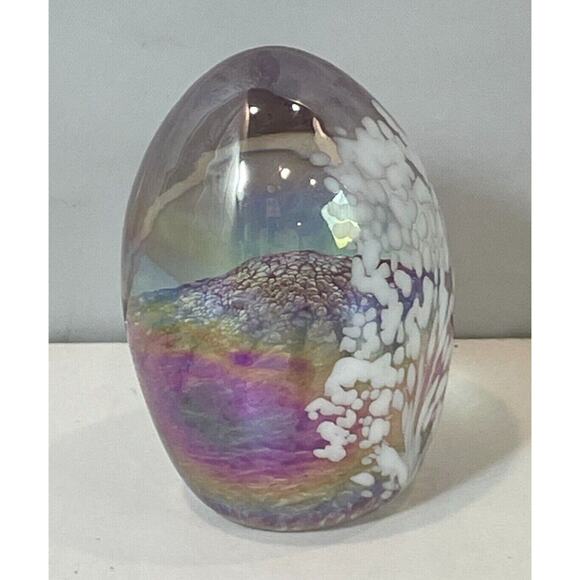 Glass Eye Studio GES Paperweight Iridescent Egg Shaped Pink White Signed Dated - Picture 2 of 9